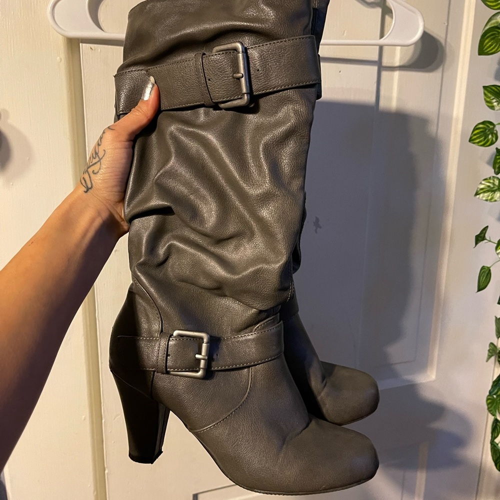 Tall grey boots. Faux leather. Size 7.5